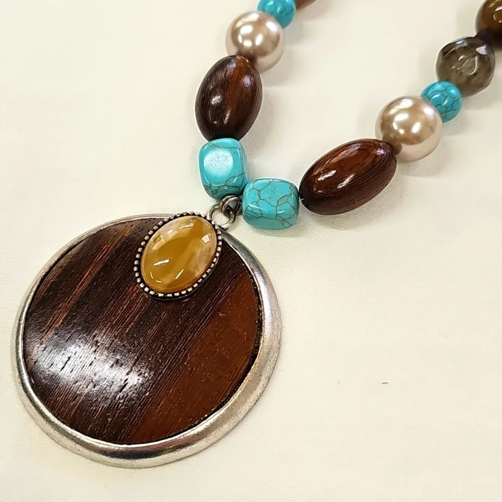 CHICO'S Beaded Turquoise Brown Necklace Silver Accents & Wood Pendant